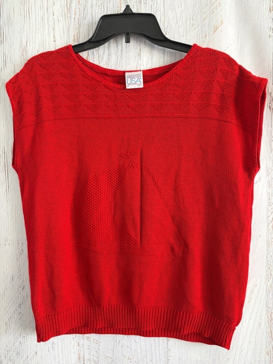 sweaters usa Sweaters - Sweaters USA Red Scoop-Neck Cap Sleeved Boxy Sailboat Lightweight Sweater